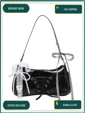 Y2K Kawaii Faux Leather Shoulder Bag Bow Lace Preppy Underarm Purse
